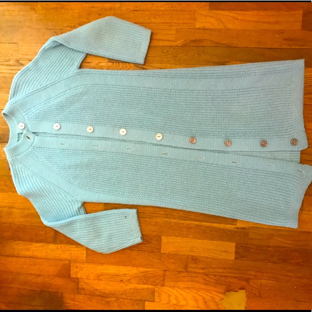 Blue long sweater, button up